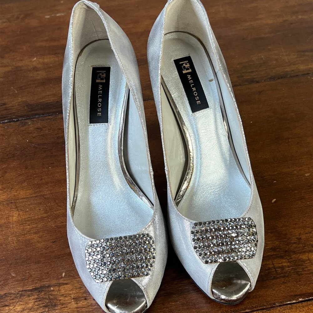 Melrose Silver Peep Toe Heels Size 22.5 US 5 Rhinestone Pumps